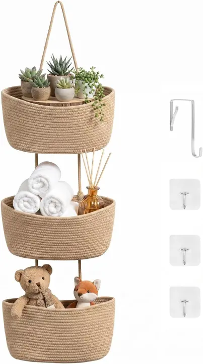 3-Tier Over-the-Door Woven Hanging Basket Organizer